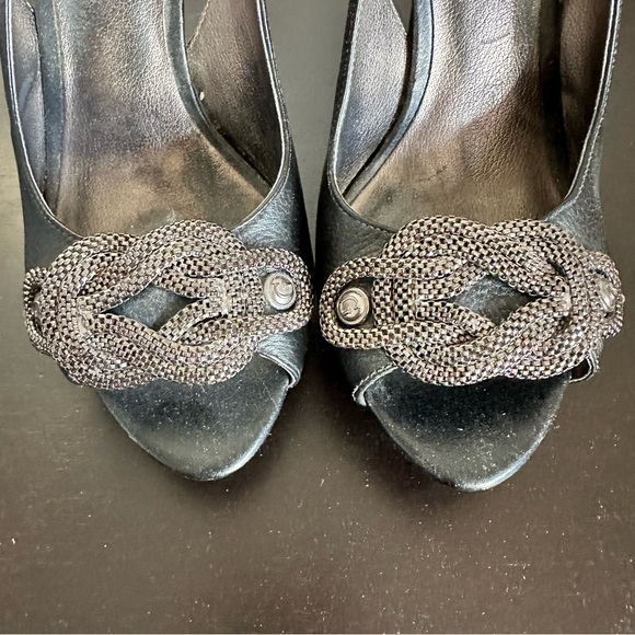 Guess Black Leather Slingback Platform Sandals Heels Silver Chain Detail - Picture 6 of 8